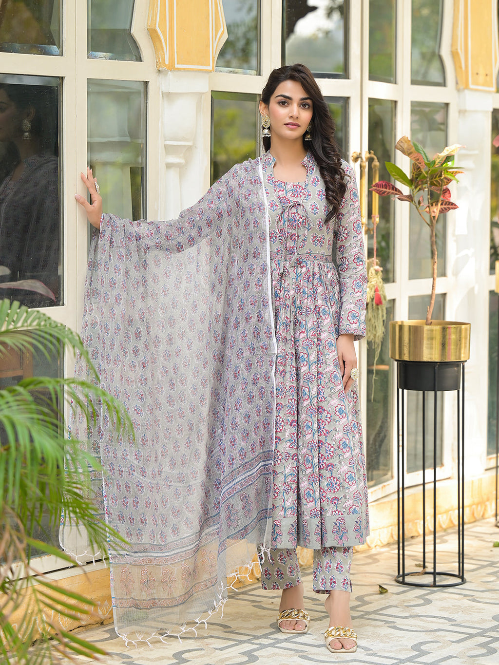 Noe Velarro Grey Floral Print Cotton Anarkali Kurta Trouser with Dupatta Set