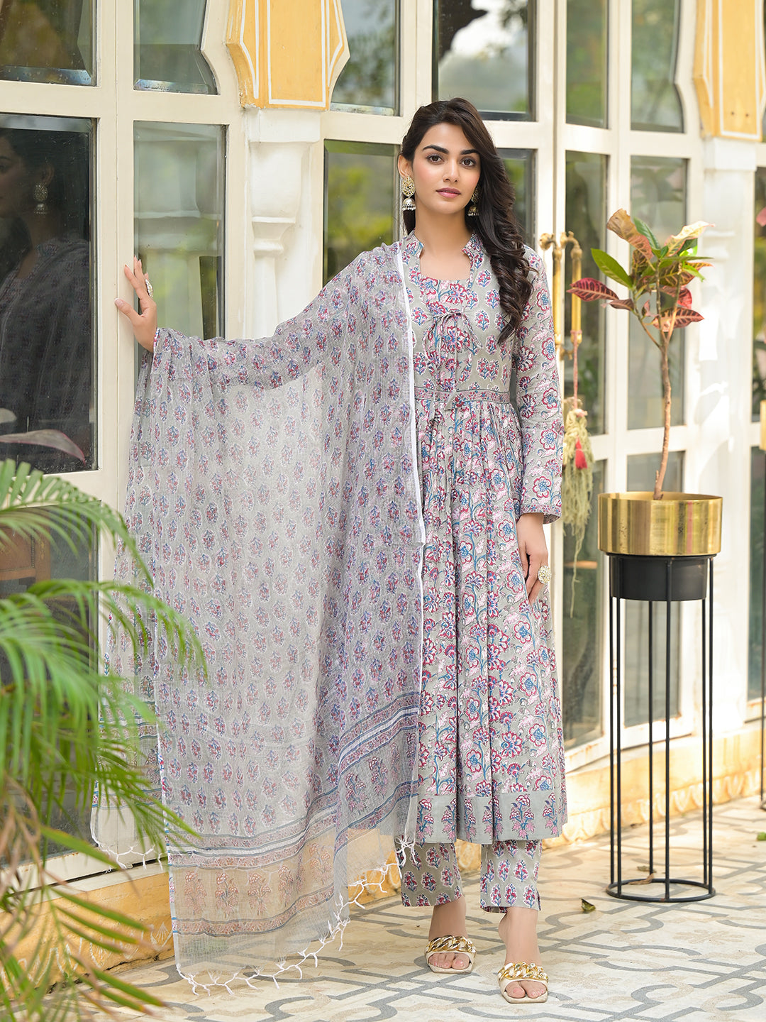 Noe Velarro Grey Floral Print Cotton Anarkali Kurta Trouser with Dupatta Set