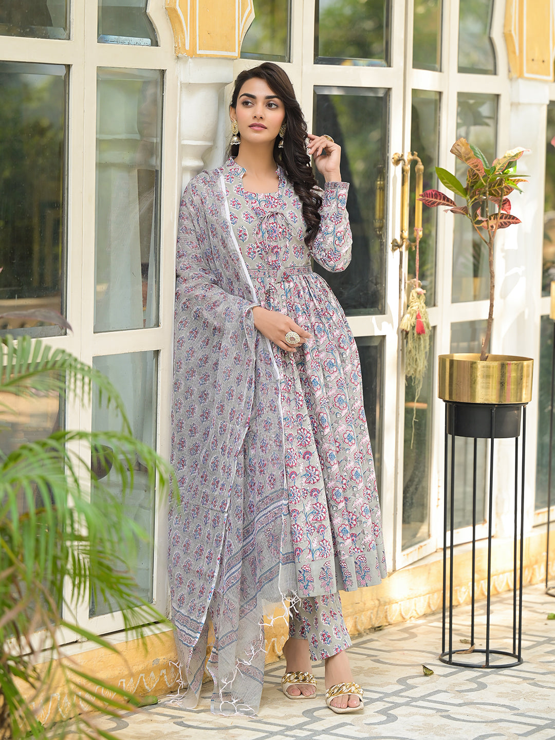 Noe Velarro Grey Floral Print Cotton Anarkali Kurta Trouser with Dupatta Set