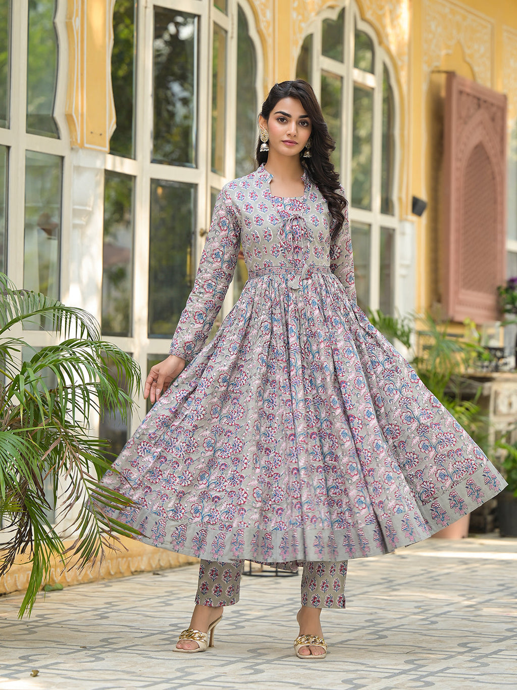 Noe Velarro Grey Floral Print Cotton Anarkali Kurta Trouser with Dupatta Set