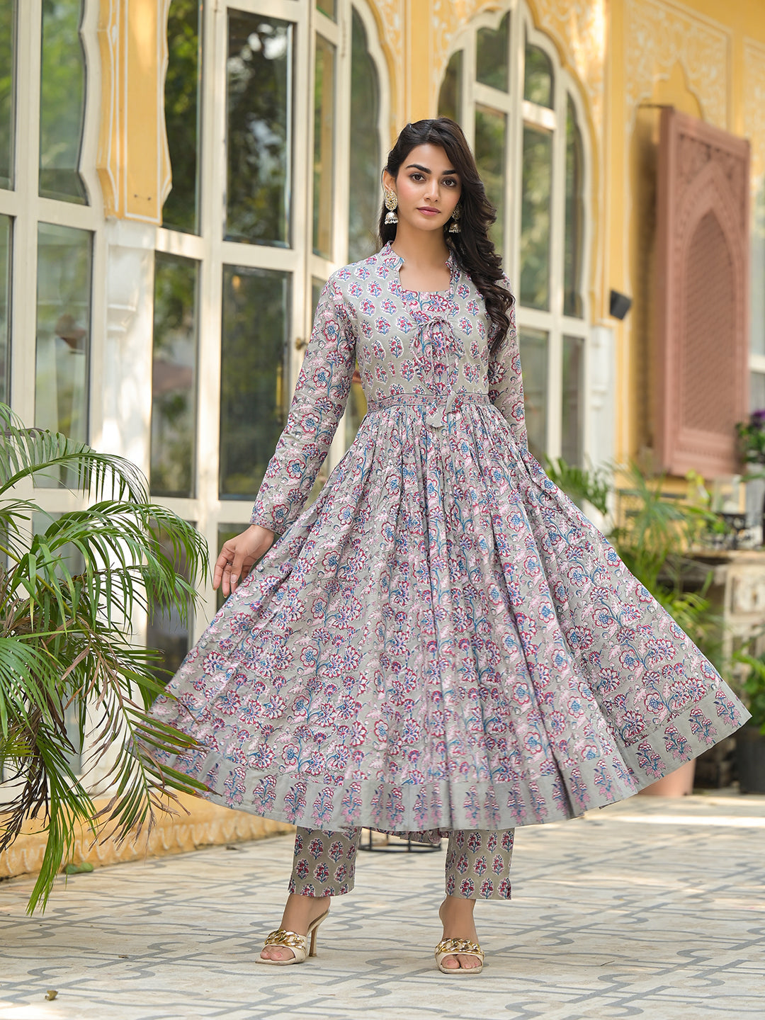 Noe Velarro Grey Floral Print Cotton Anarkali Kurta Trouser with Dupatta Set