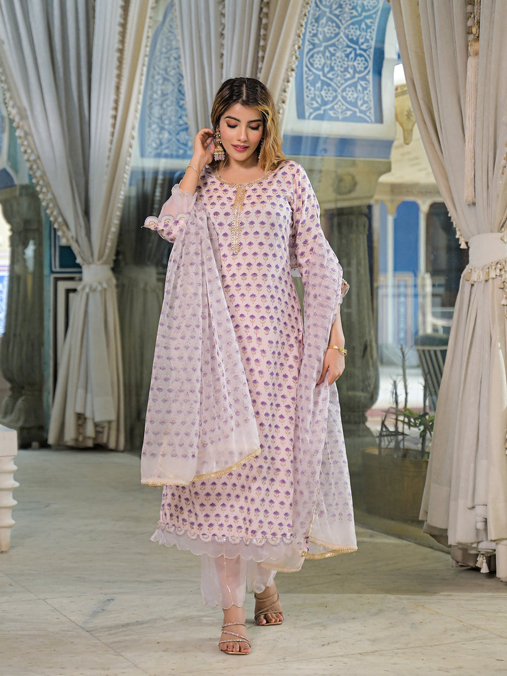 Noe Velarro Purple Hand Block Muslin Straight Kurta Pant With Dupatta