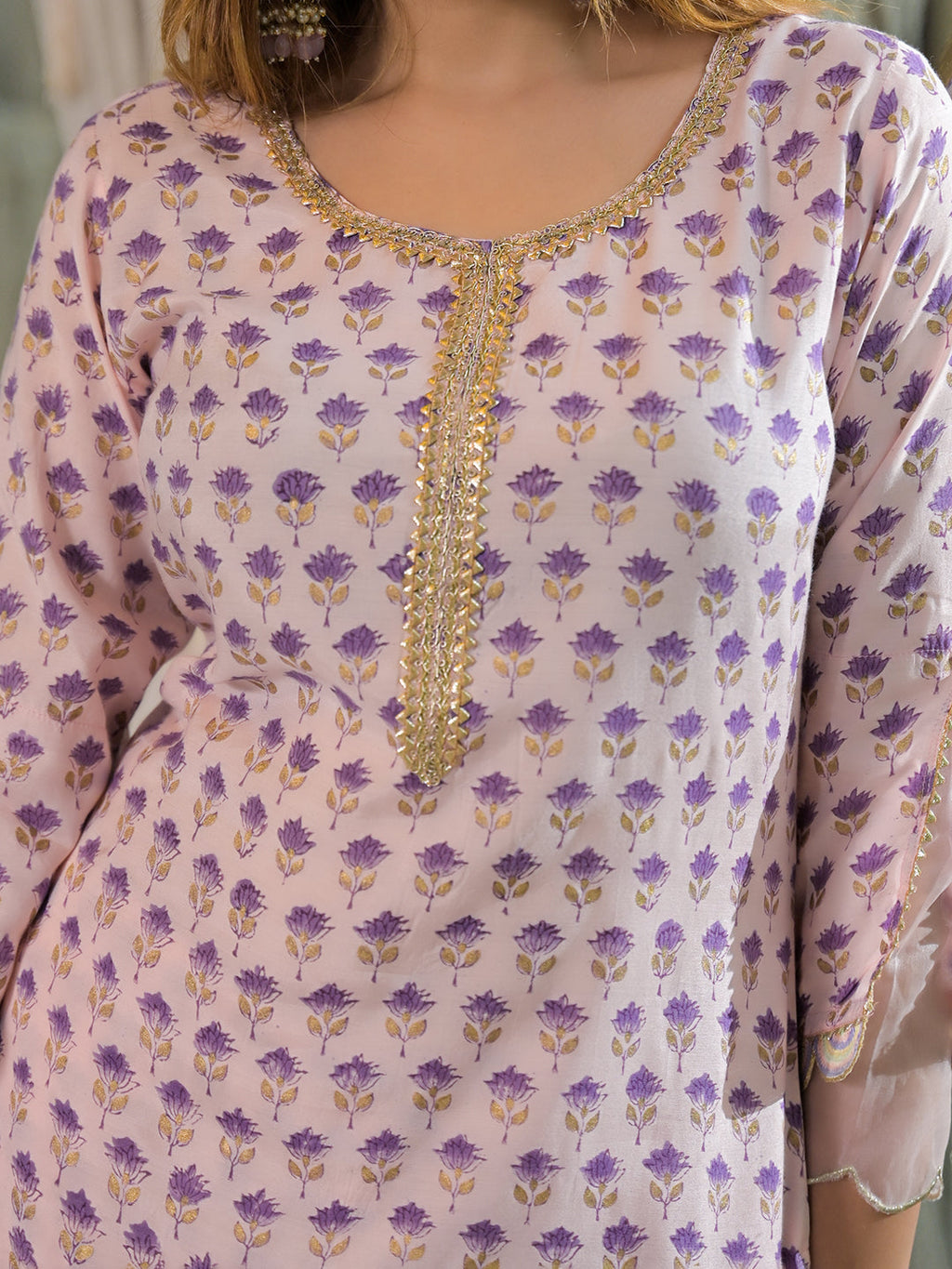 Noe Velarro Purple Hand Block Muslin Straight Kurta Pant With Dupatta