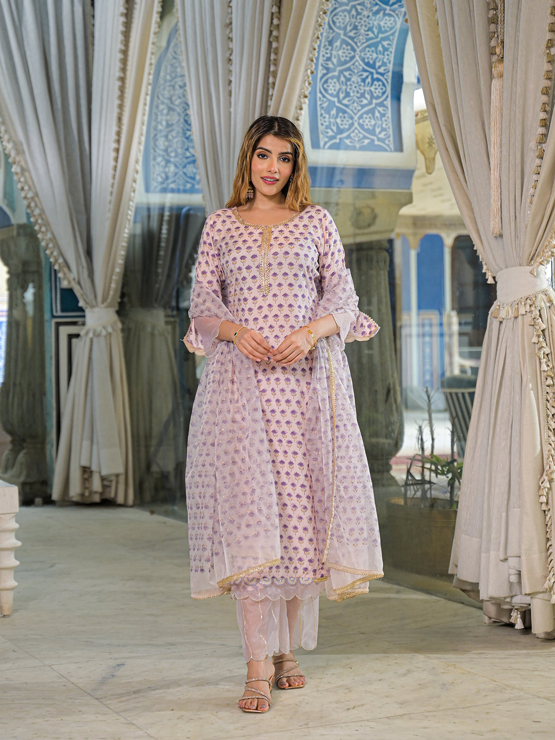 Noe Velarro Purple Hand Block Muslin Straight Kurta Pant With Dupatta