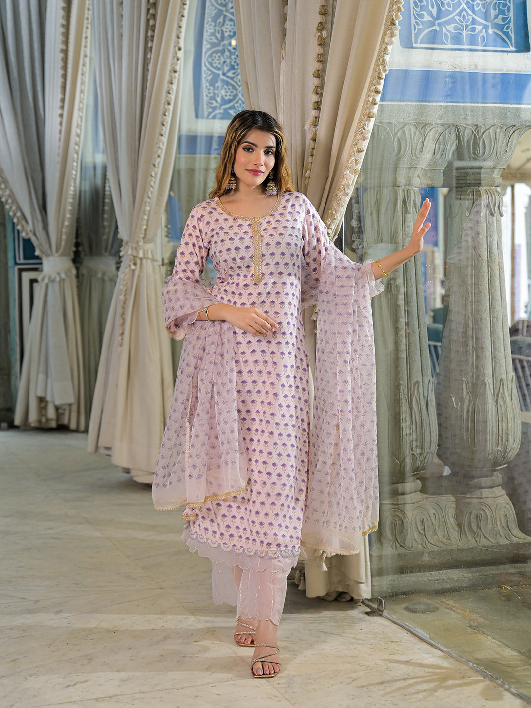 Noe Velarro Purple Hand Block Muslin Straight Kurta Pant With Dupatta