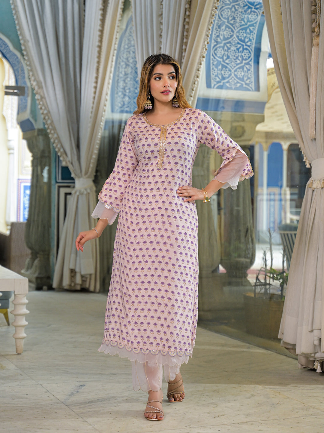 Noe Velarro Purple Hand Block Muslin Straight Kurta Pant With Dupatta