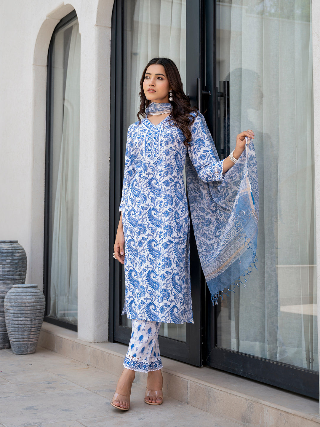 Noe Velarro Sky Blue HandBlock Floral Print Kurta Pant Dupatta Set