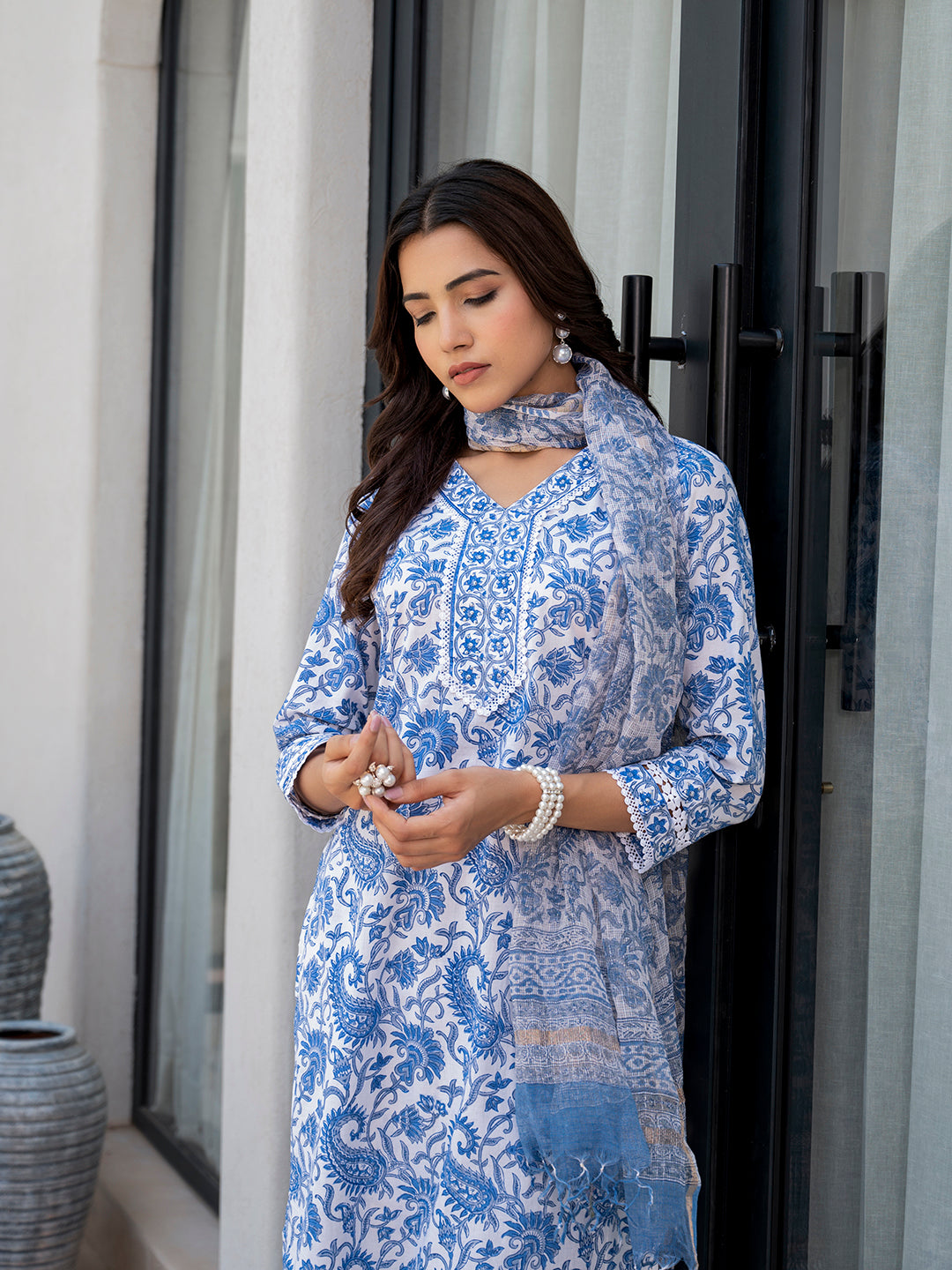 Noe Velarro Sky Blue HandBlock Floral Print Kurta Pant Dupatta Set