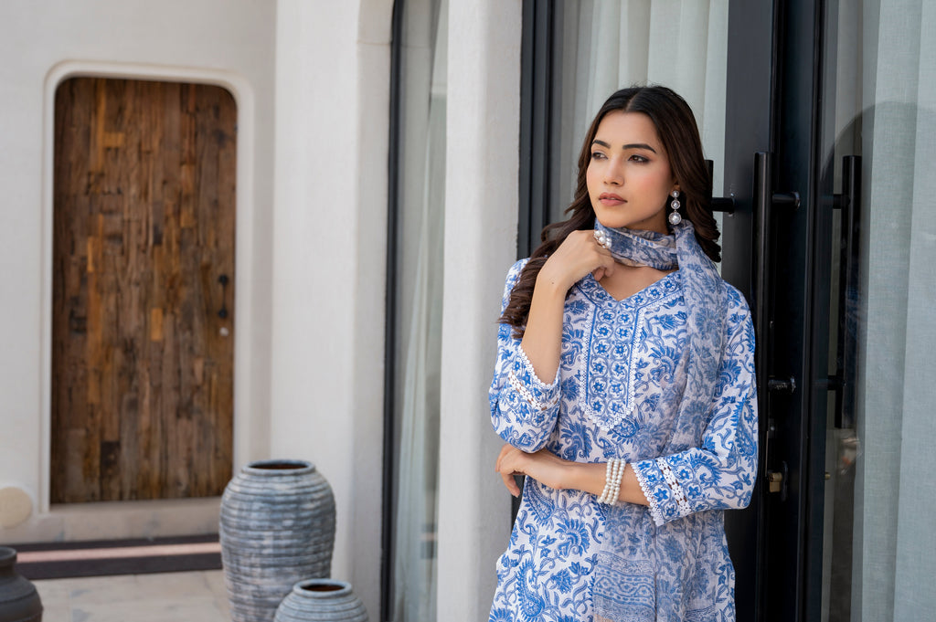 Noe Velarro Sky Blue HandBlock Floral Print Kurta Pant Dupatta Set