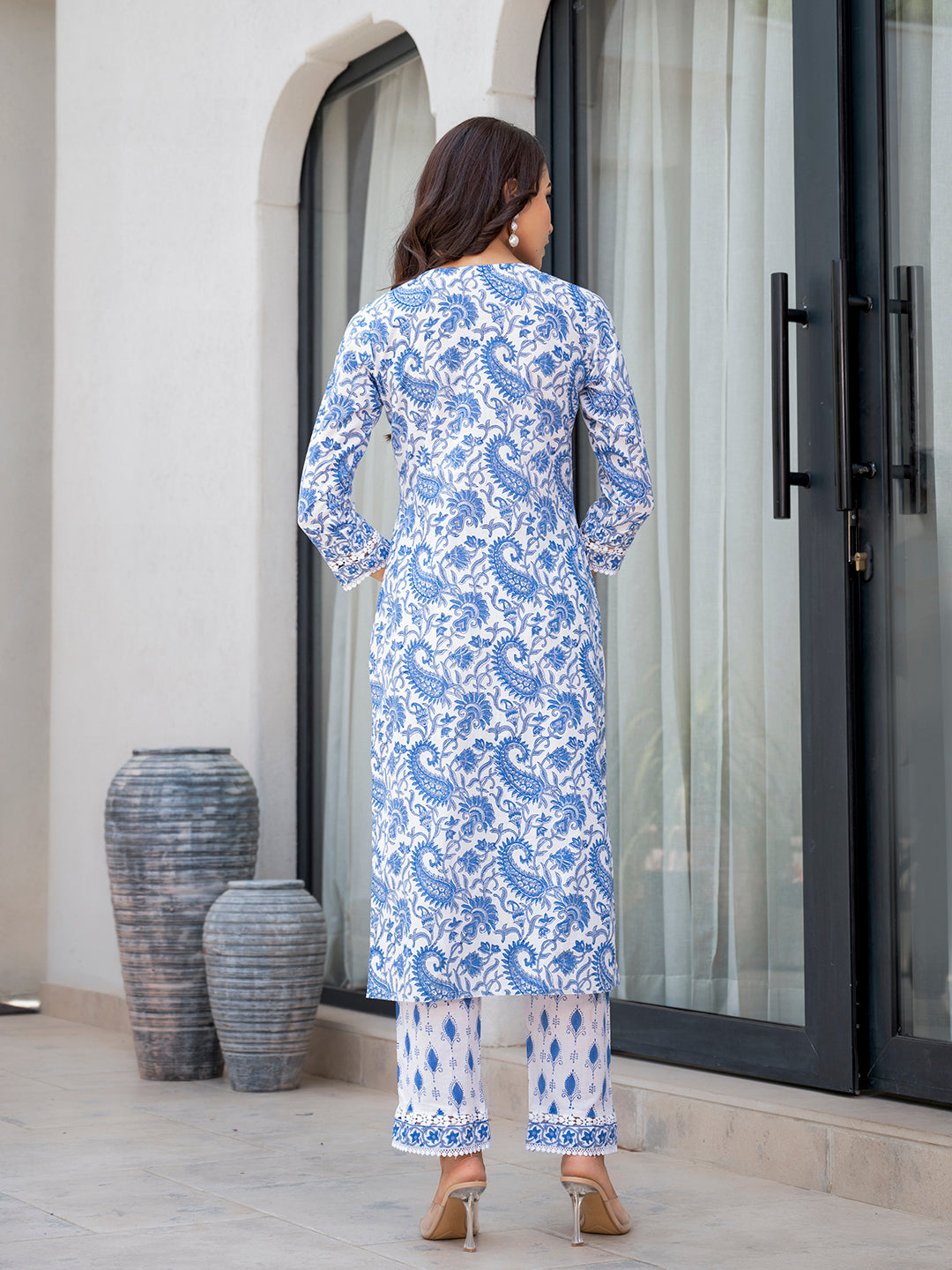 Noe Velarro Sky Blue HandBlock Floral Print Kurta Pant Dupatta Set