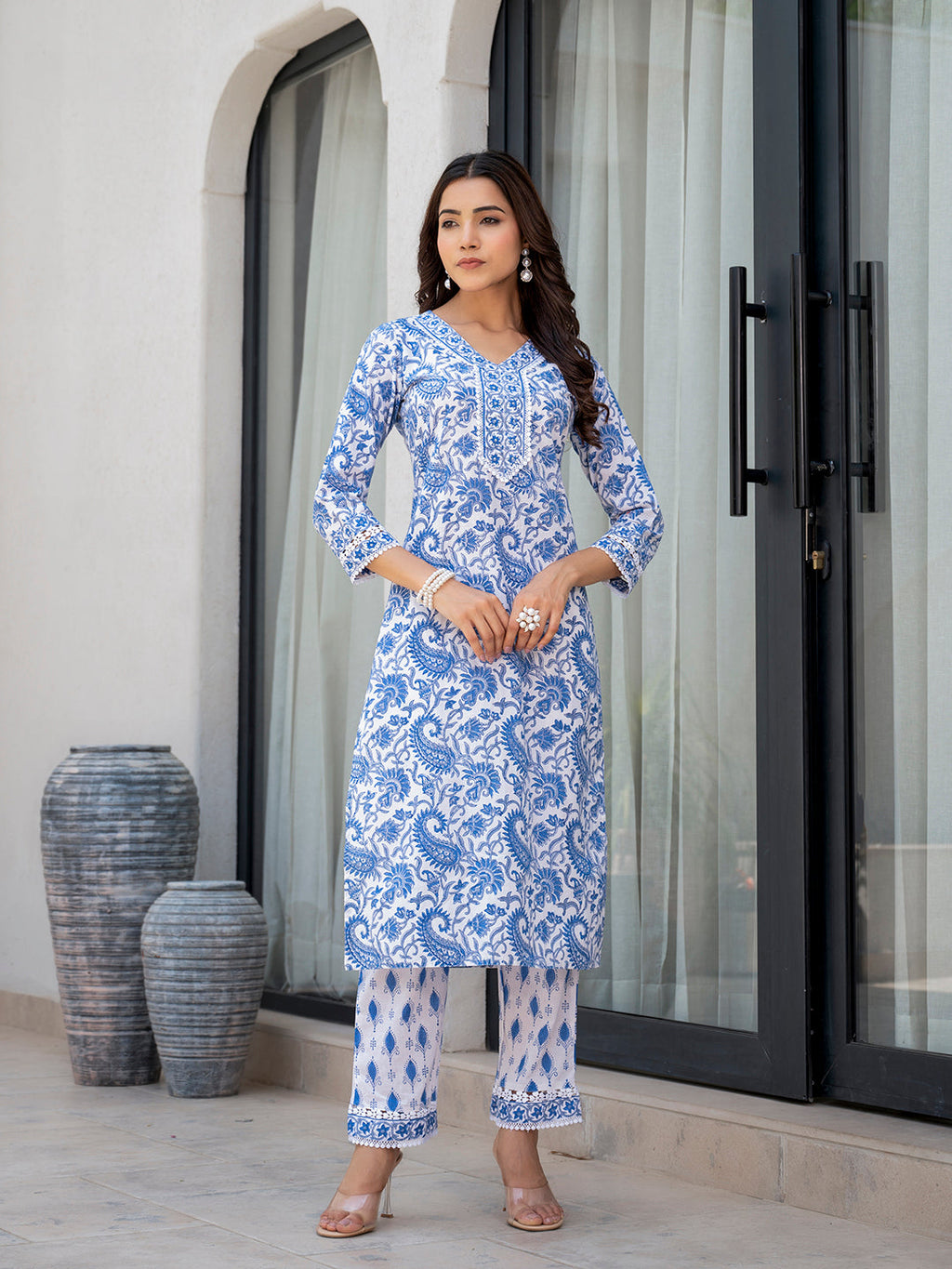 Noe Velarro Sky Blue HandBlock Floral Print Kurta Pant Dupatta Set