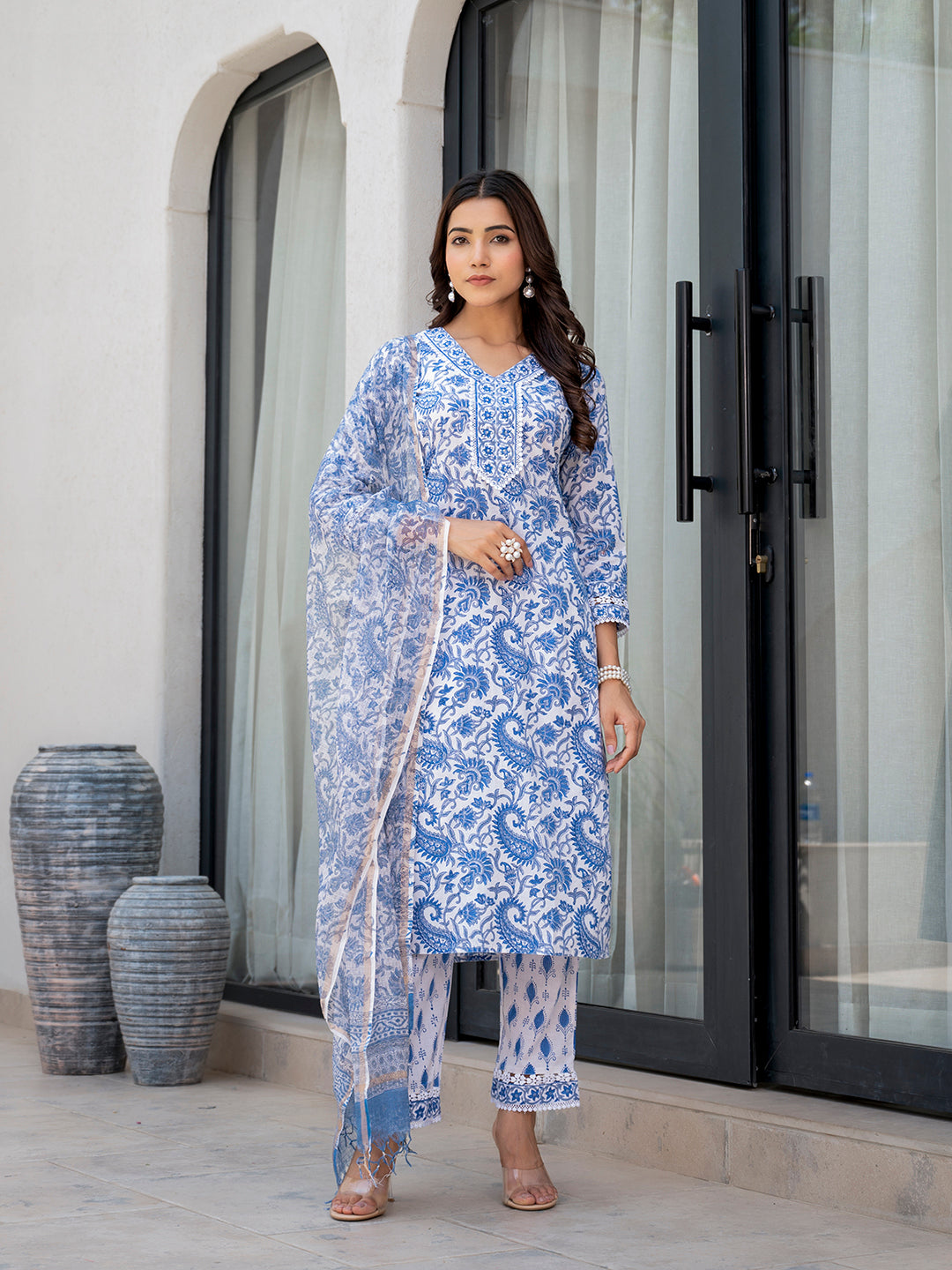 Noe Velarro Sky Blue HandBlock Floral Print Kurta Pant Dupatta Set