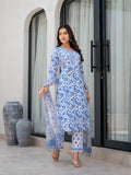 Noe Velarro Sky Blue HandBlock Floral Print Kurta Pant Dupatta Set