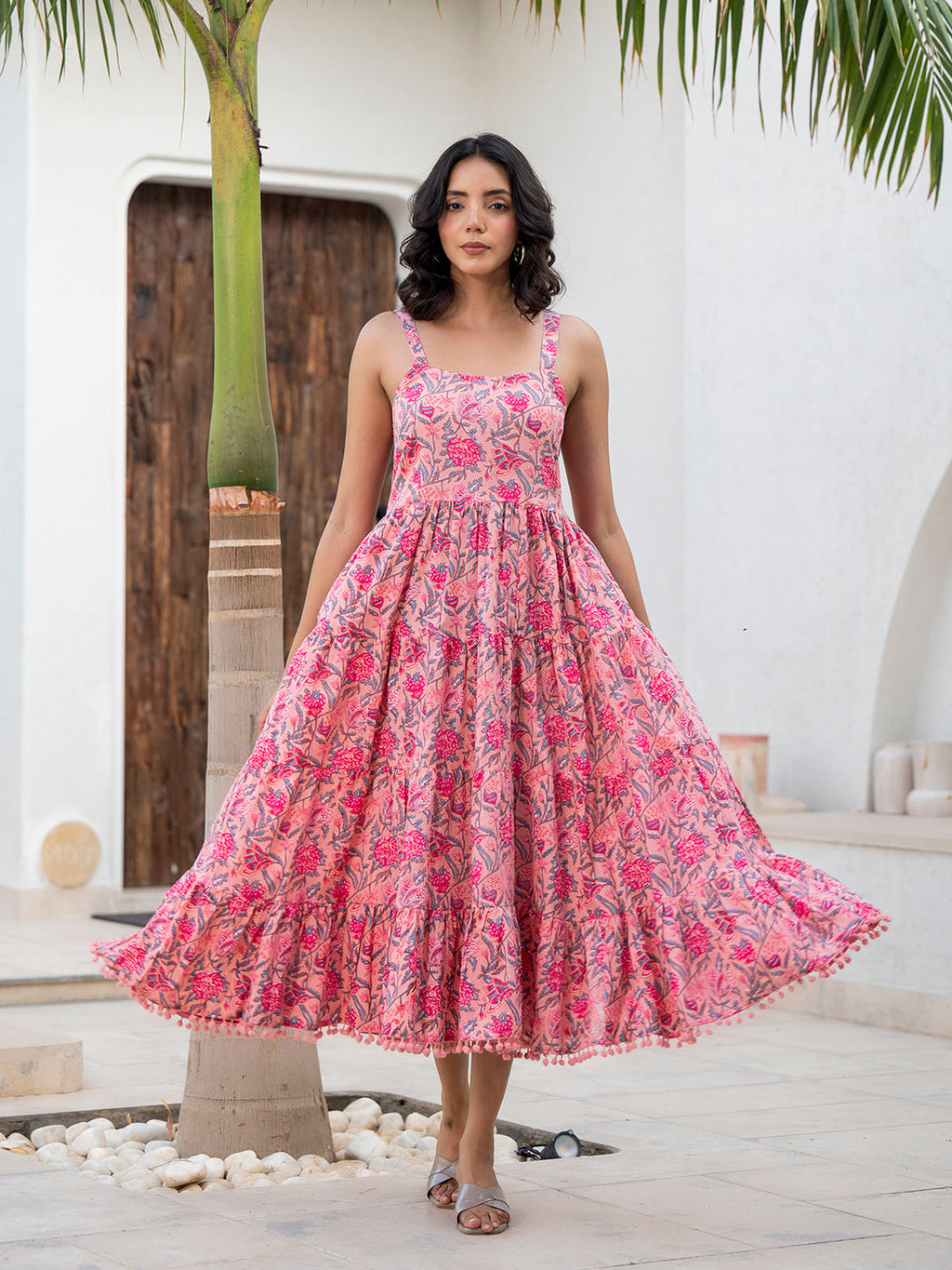 Noe Velarro Pink Floral Printed Shoulder Strip Calf Long Ethnic Dress for Women
