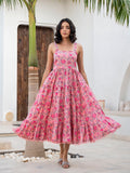 Noe Velarro Pink Floral Printed Shoulder Strip Calf Long Ethnic Dress for Women