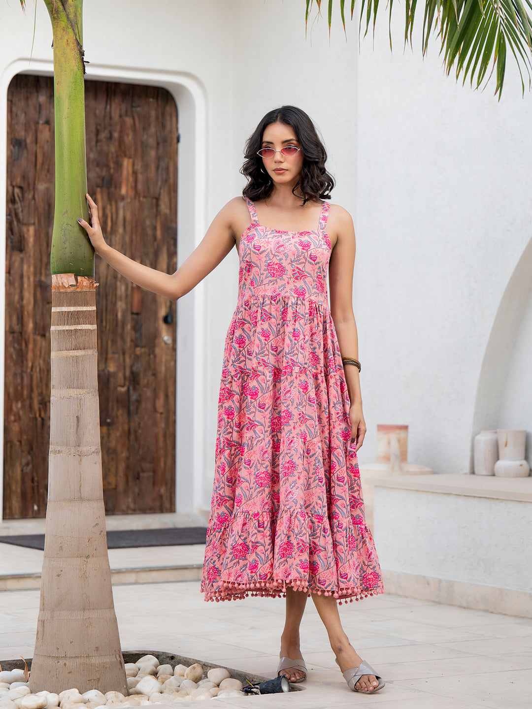 Noe Velarro Pink Floral Printed Shoulder Strip Calf Long Ethnic Dress for Women