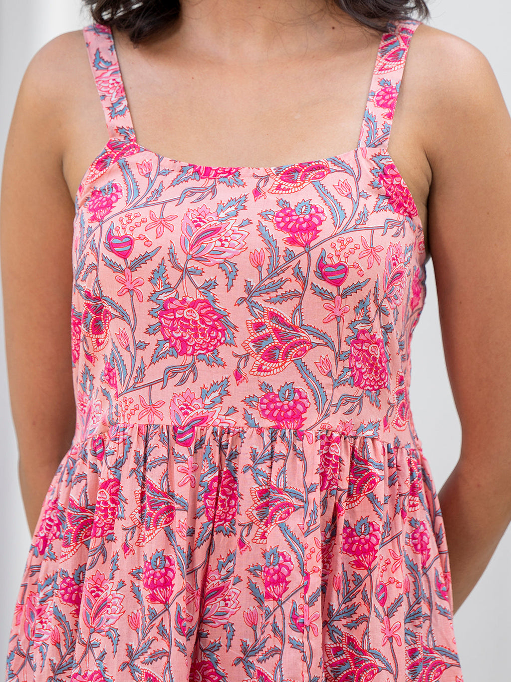 Noe Velarro Pink Floral Printed Shoulder Strip Calf Long Ethnic Dress for Women