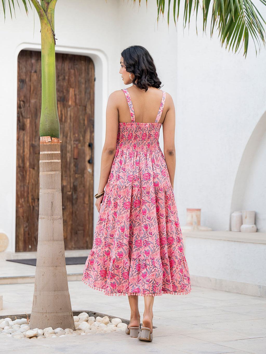 Noe Velarro Pink Floral Printed Shoulder Strip Calf Long Ethnic Dress for Women
