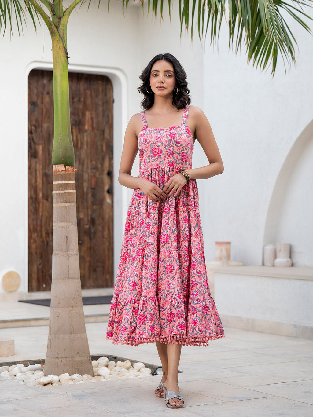 Noe Velarro Pink Floral Printed Shoulder Strip Calf Long Ethnic Dress for Women