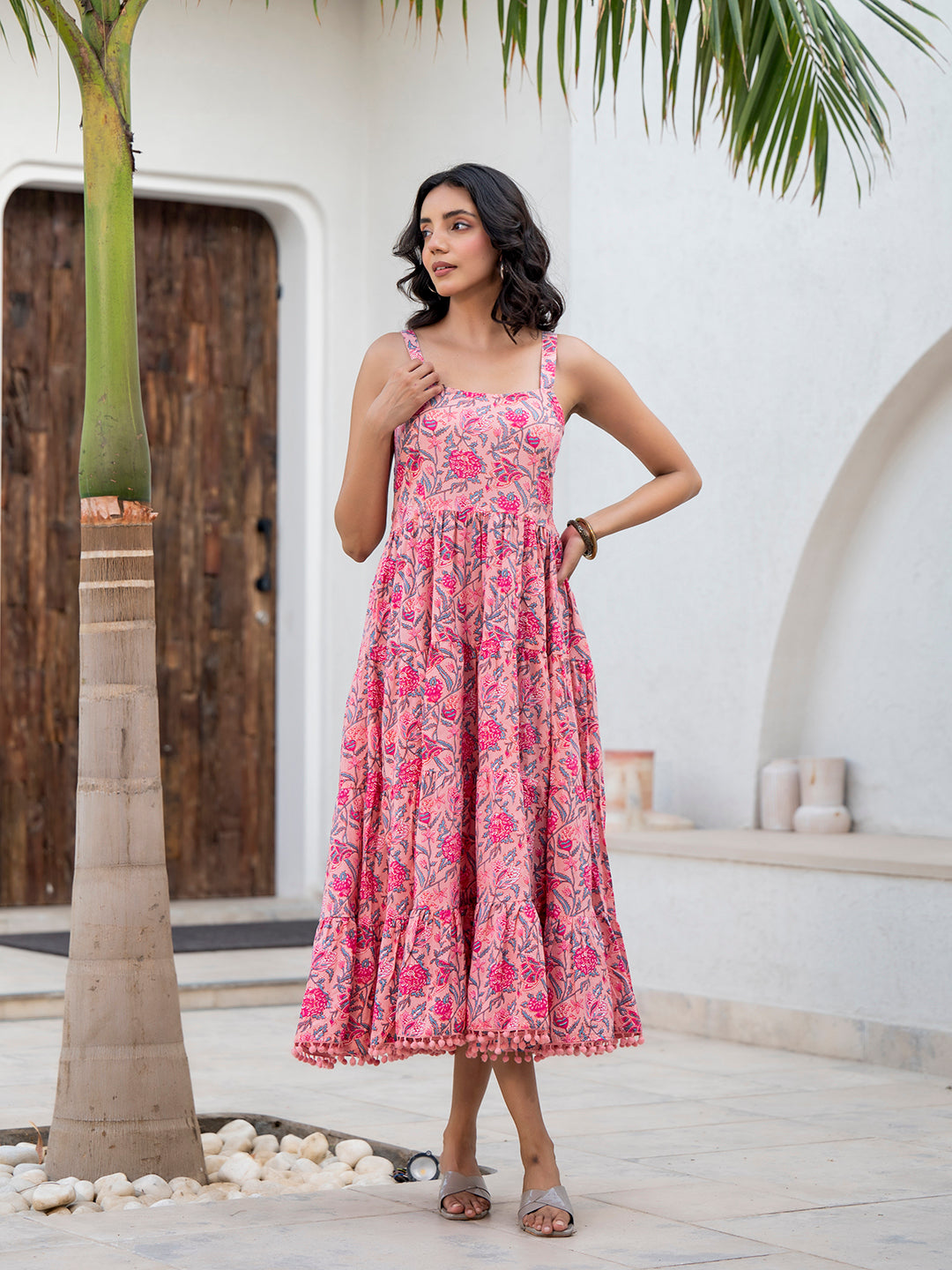 Noe Velarro Pink Floral Printed Shoulder Strip Calf Long Ethnic Dress for Women