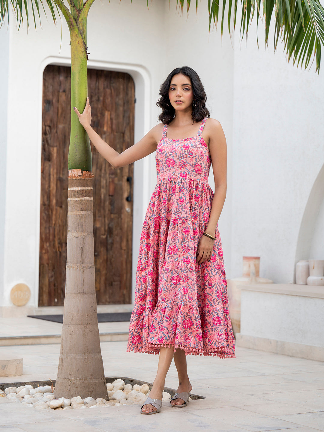 Noe Velarro Pink Floral Printed Shoulder Strip Calf Long Ethnic Dress for Women