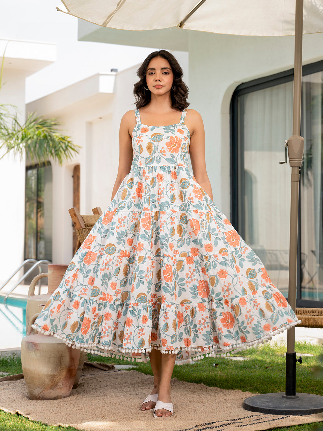 Noe Velarro White Floral Printed Shoulder Strip Calf Long Dress