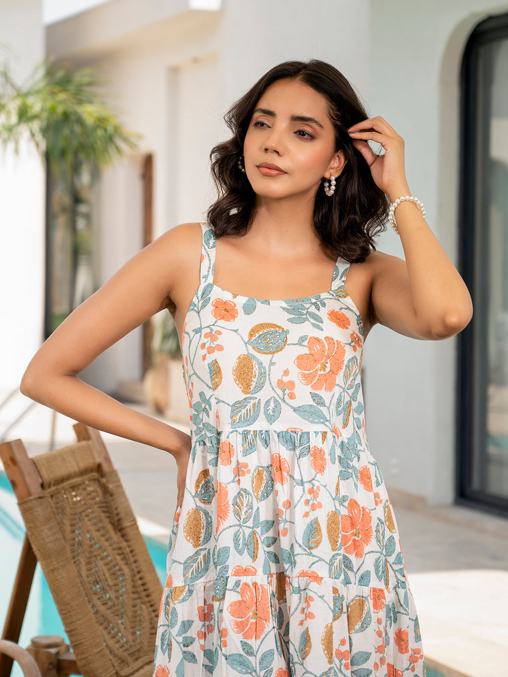 Noe Velarro White Floral Printed Shoulder Strip Calf Long Dress