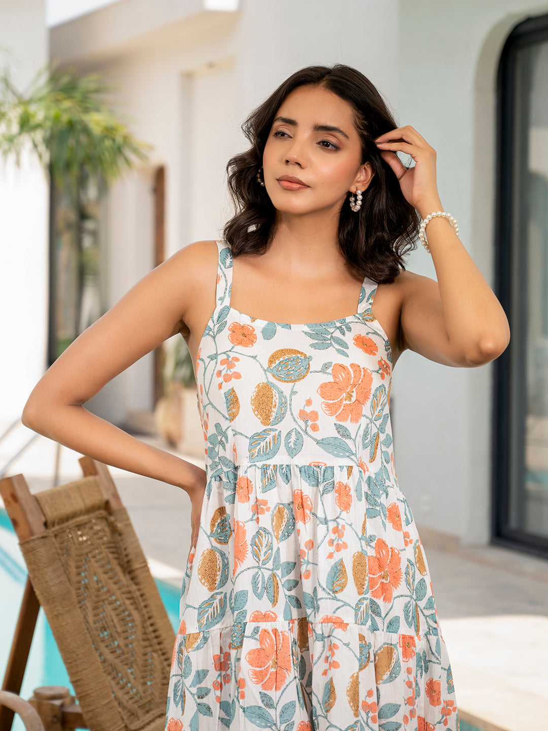 Noe Velarro White Floral Printed Shoulder Strip Calf Long Dress