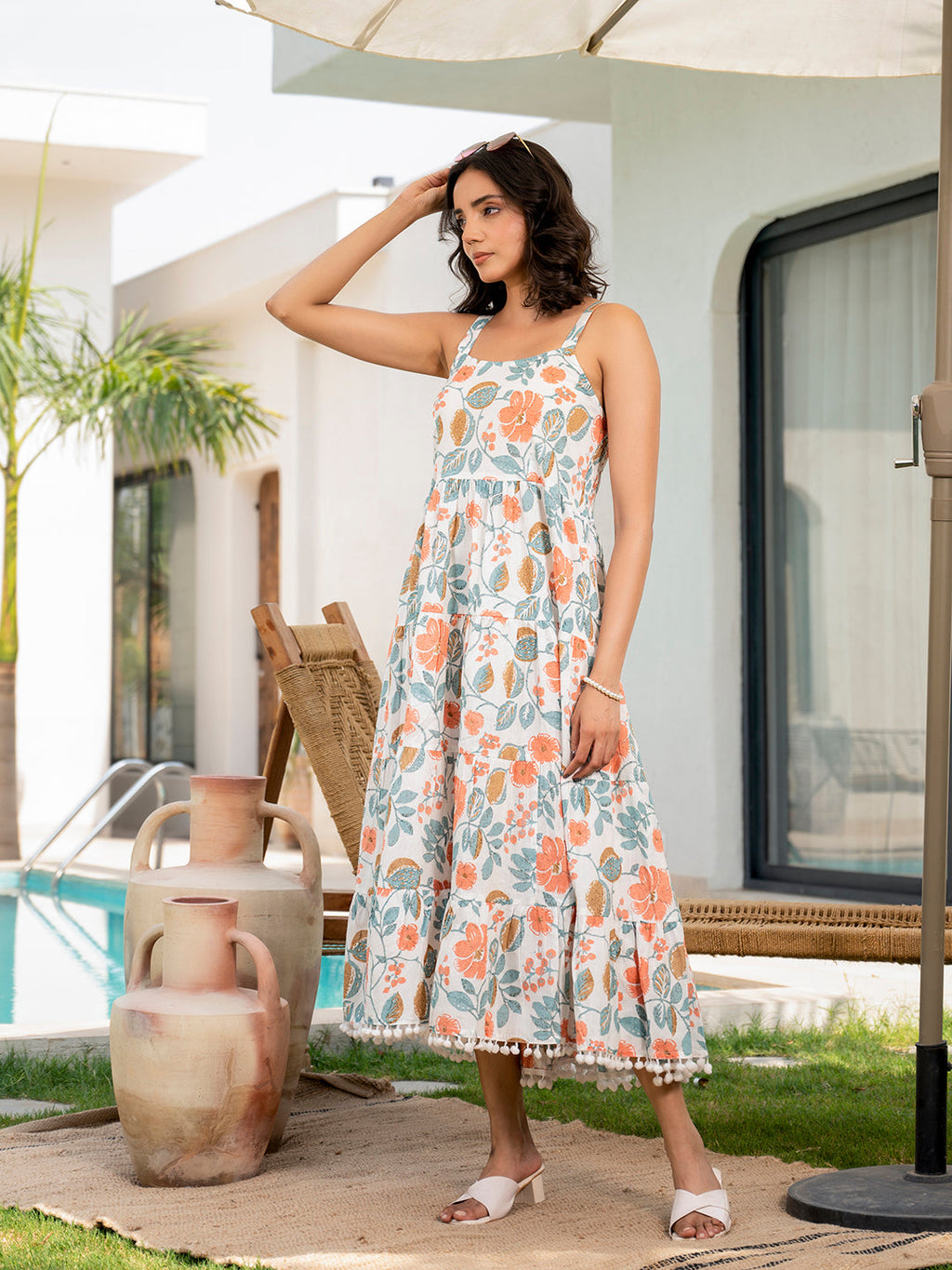 Noe Velarro White Floral Printed Shoulder Strip Calf Long Dress