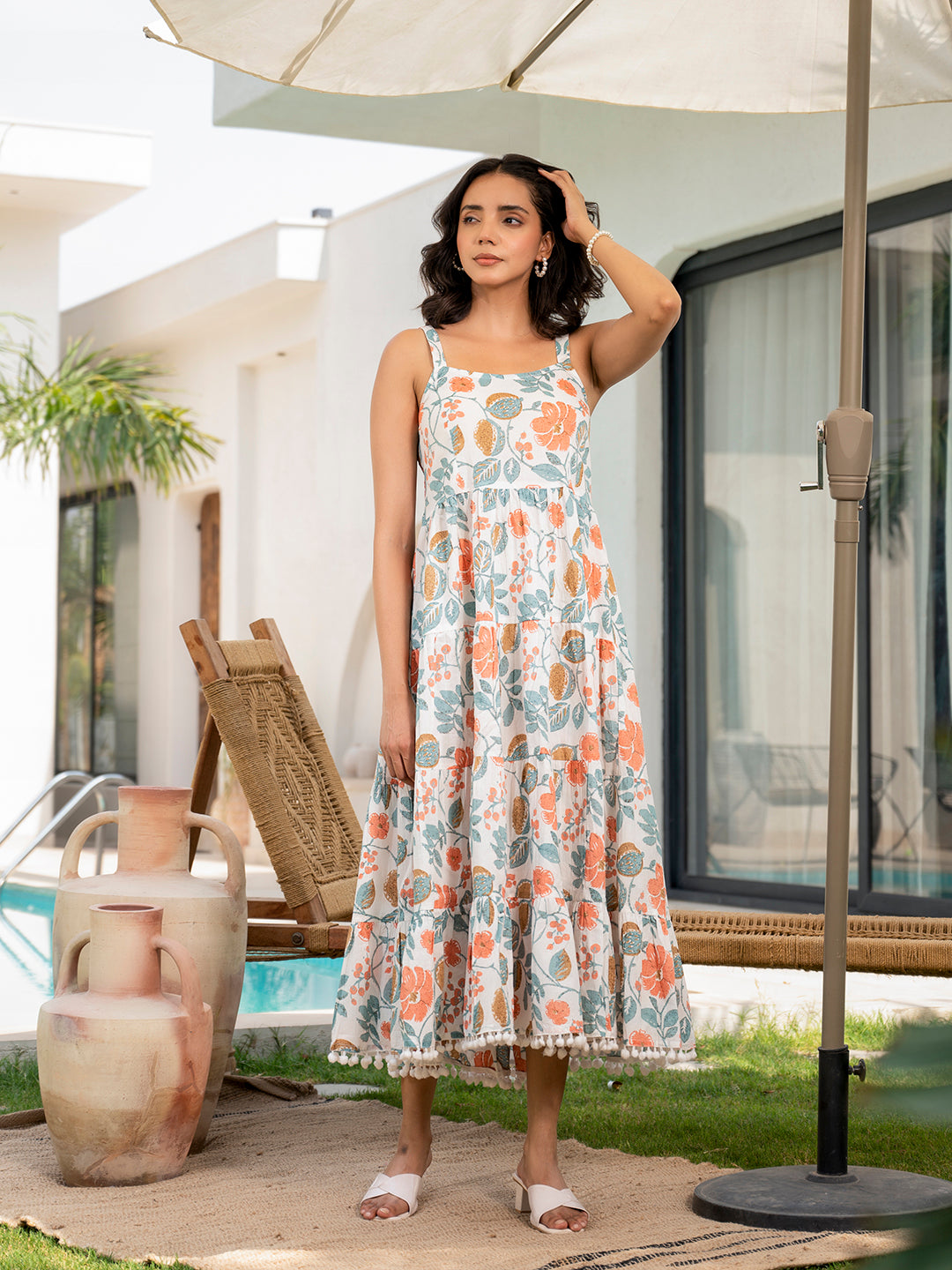 Noe Velarro White Floral Printed Shoulder Strip Calf Long Dress