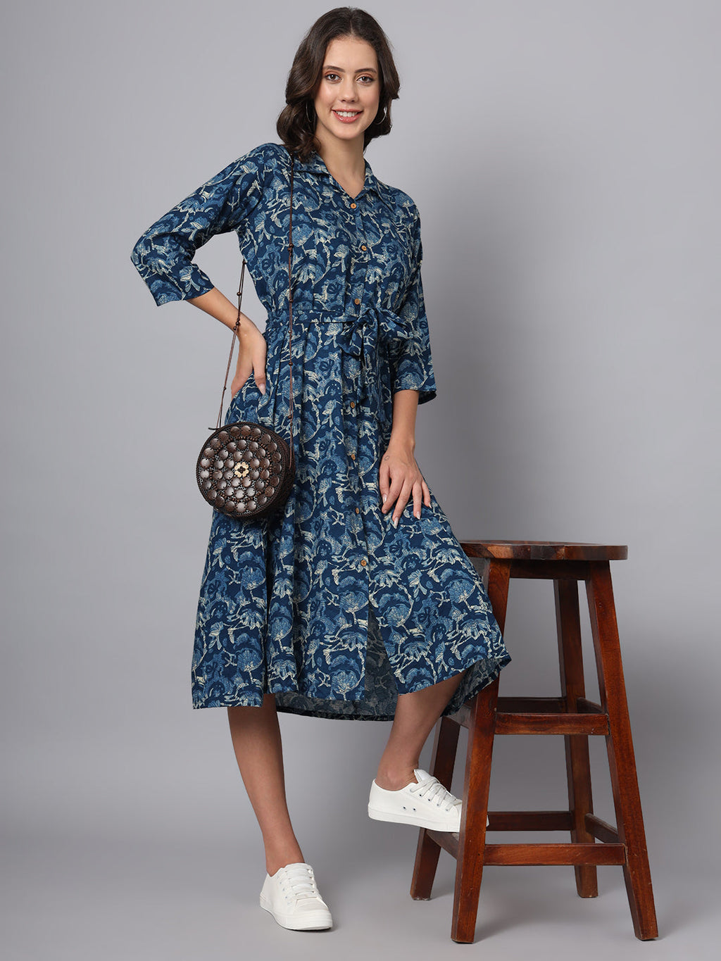 Noe Velarro Blue Floral Print Rayon Midi Dress