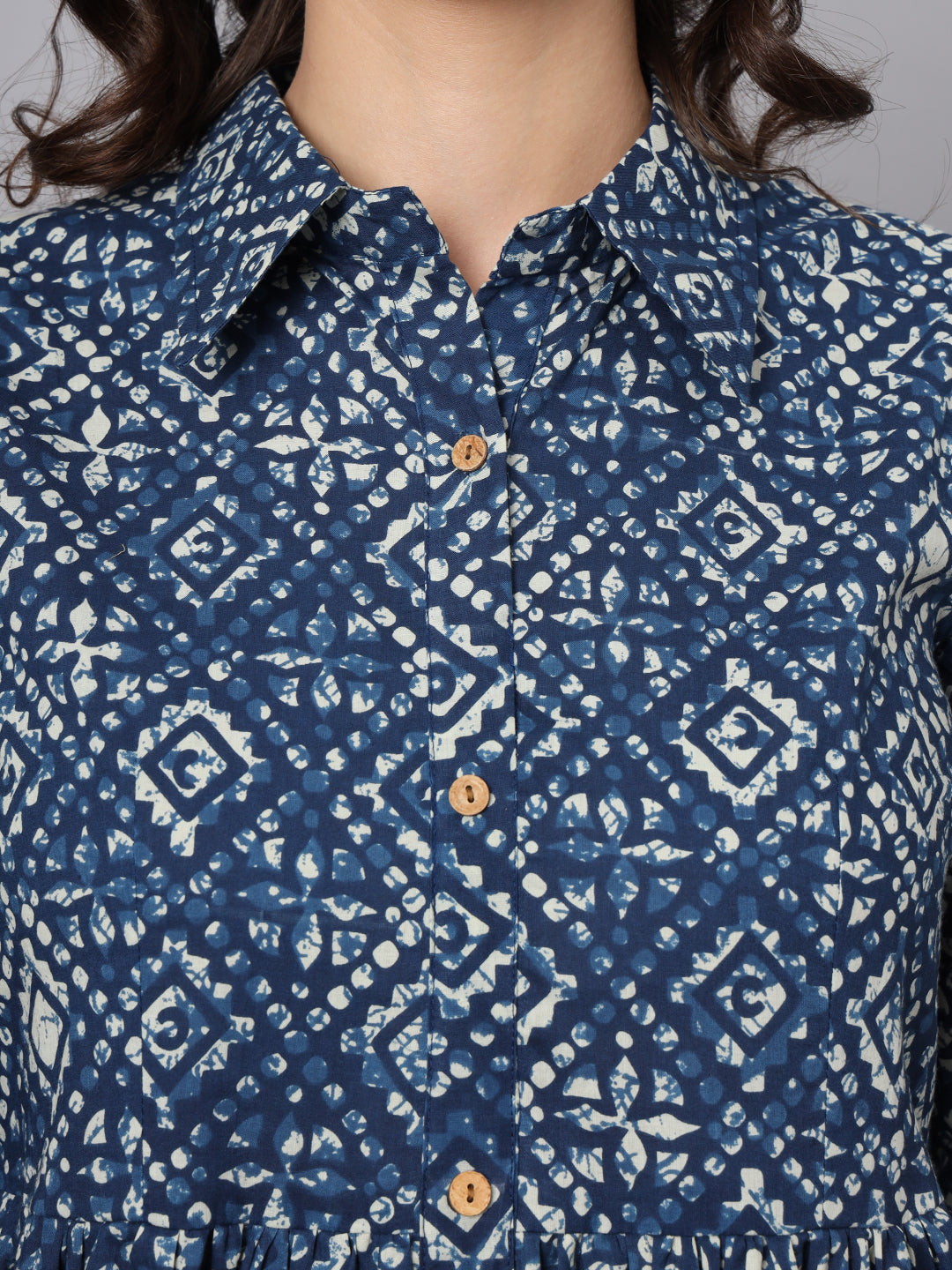 Noe Velarro Blue Floral Print Cotton Midi Dress