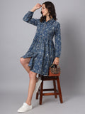 Noe Velarro Blue Floral Print Cotton Midi Dress