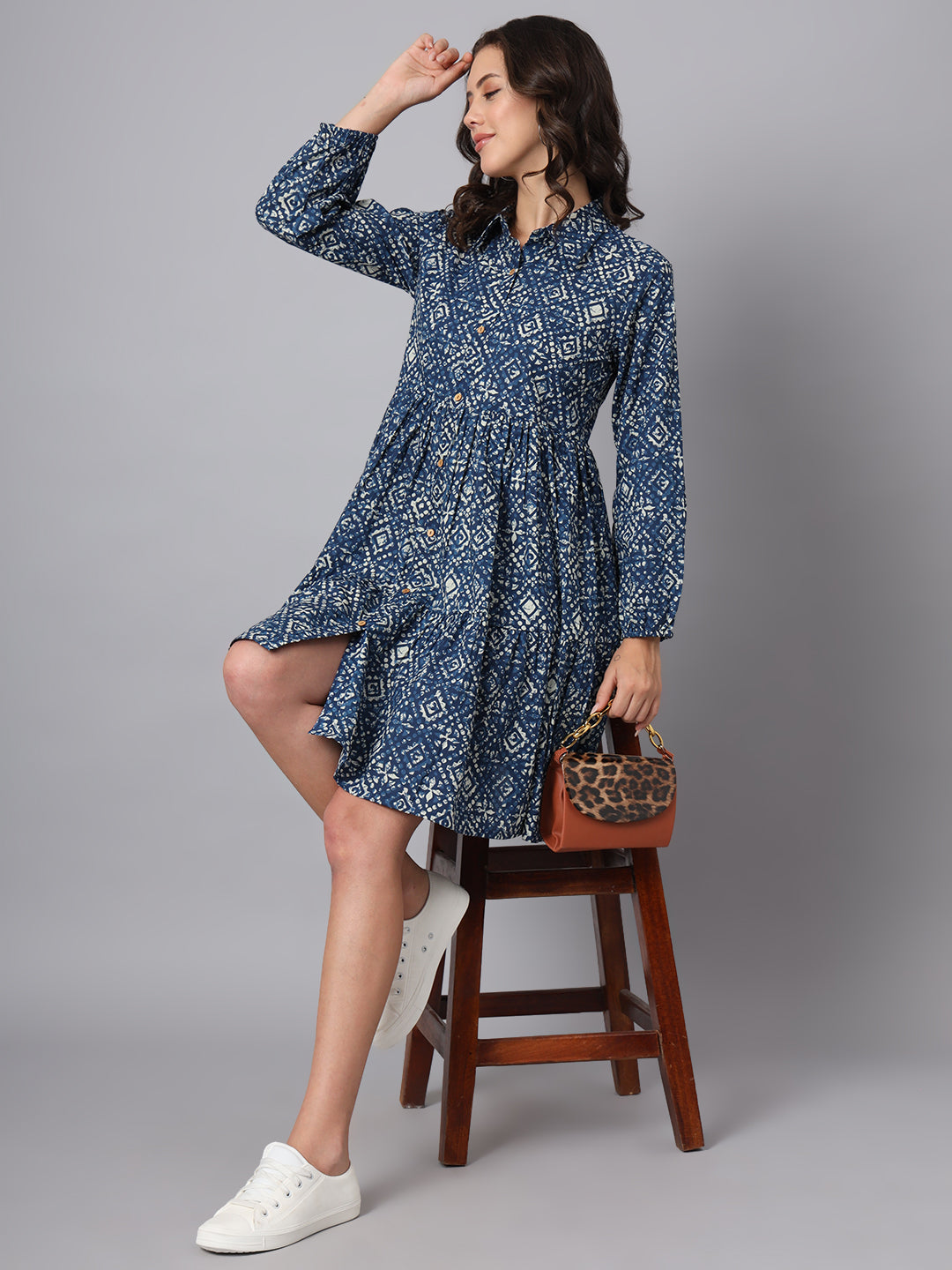 Noe Velarro Blue Floral Print Cotton Midi Dress