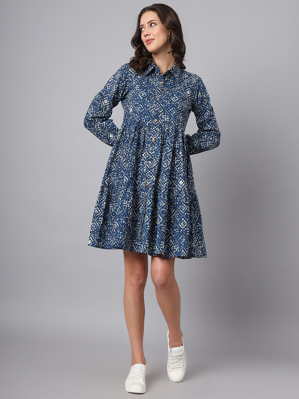 Noe Velarro Blue Floral Print Cotton Midi Dress