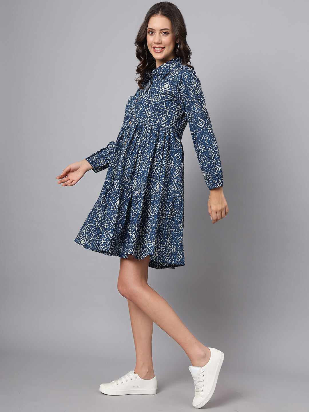 Noe Velarro Blue Floral Print Cotton Midi Dress