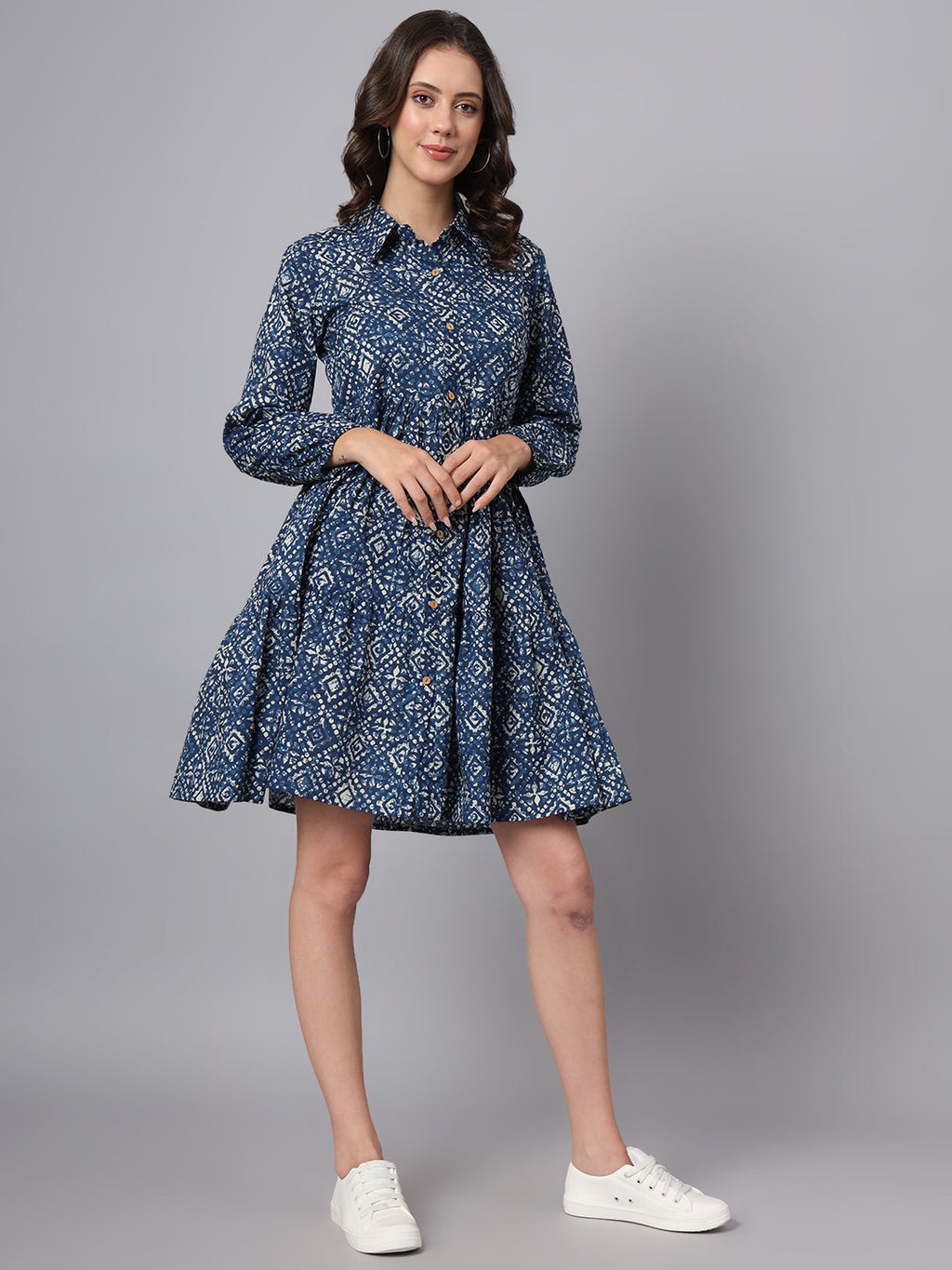 Noe Velarro Blue Floral Print Cotton Midi Dress