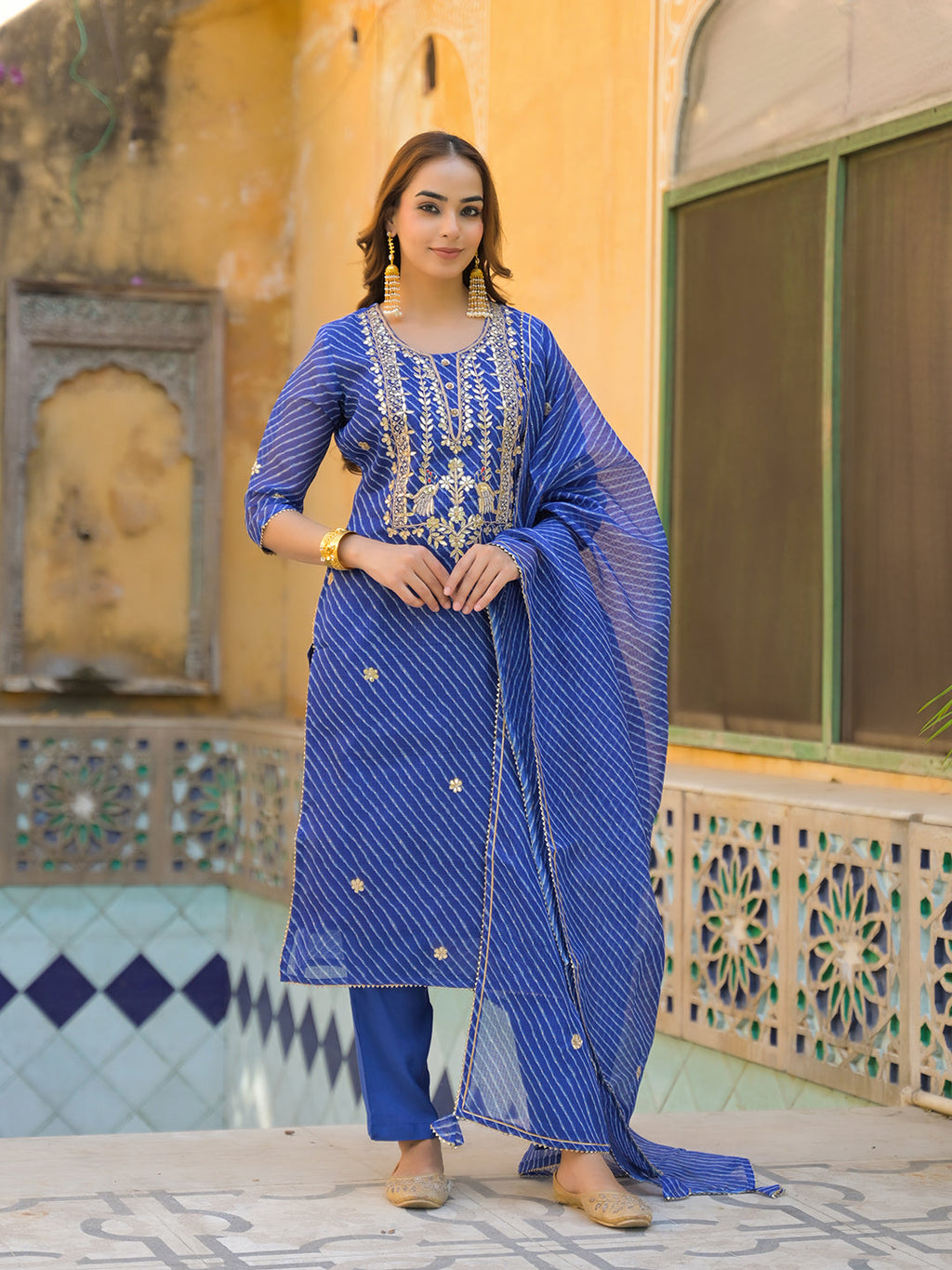 Noe Velarro Blue Leheriya Kota Doria Kurta Pant With Dupatta