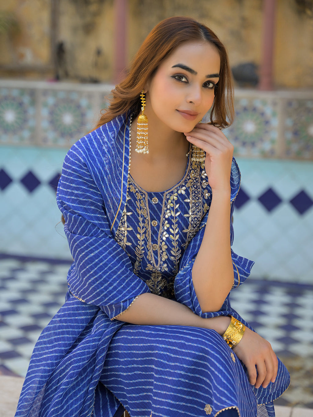 Noe Velarro Blue Leheriya Kota Doria Kurta Pant With Dupatta