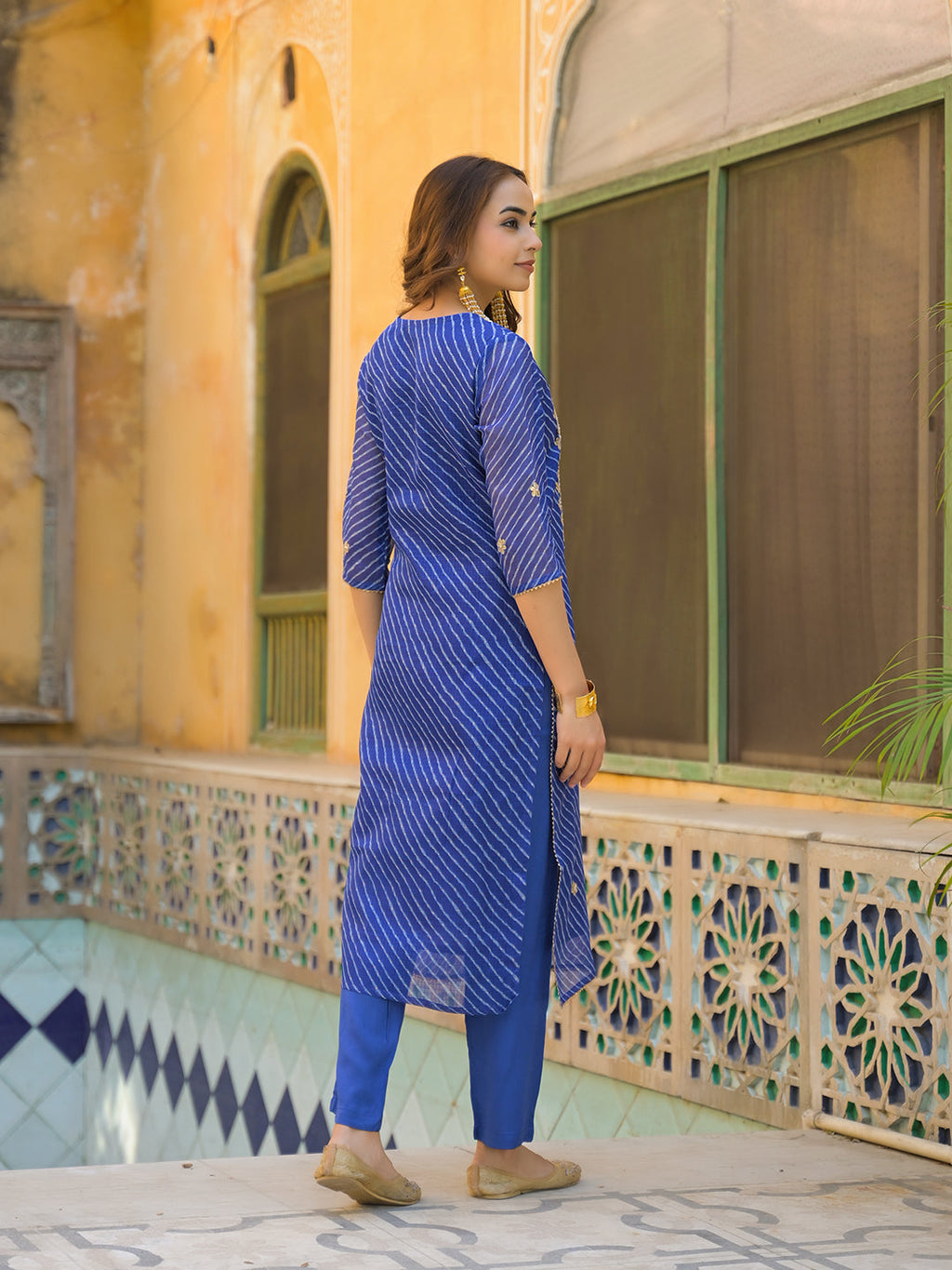 Noe Velarro Blue Leheriya Kota Doria Kurta Pant With Dupatta