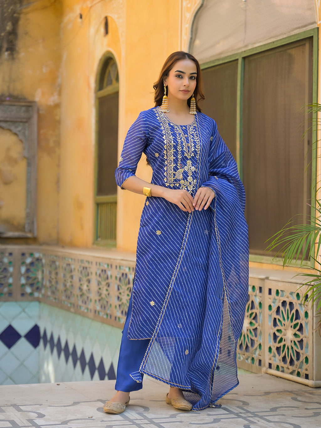 Noe Velarro Blue Leheriya Kota Doria Kurta Pant With Dupatta