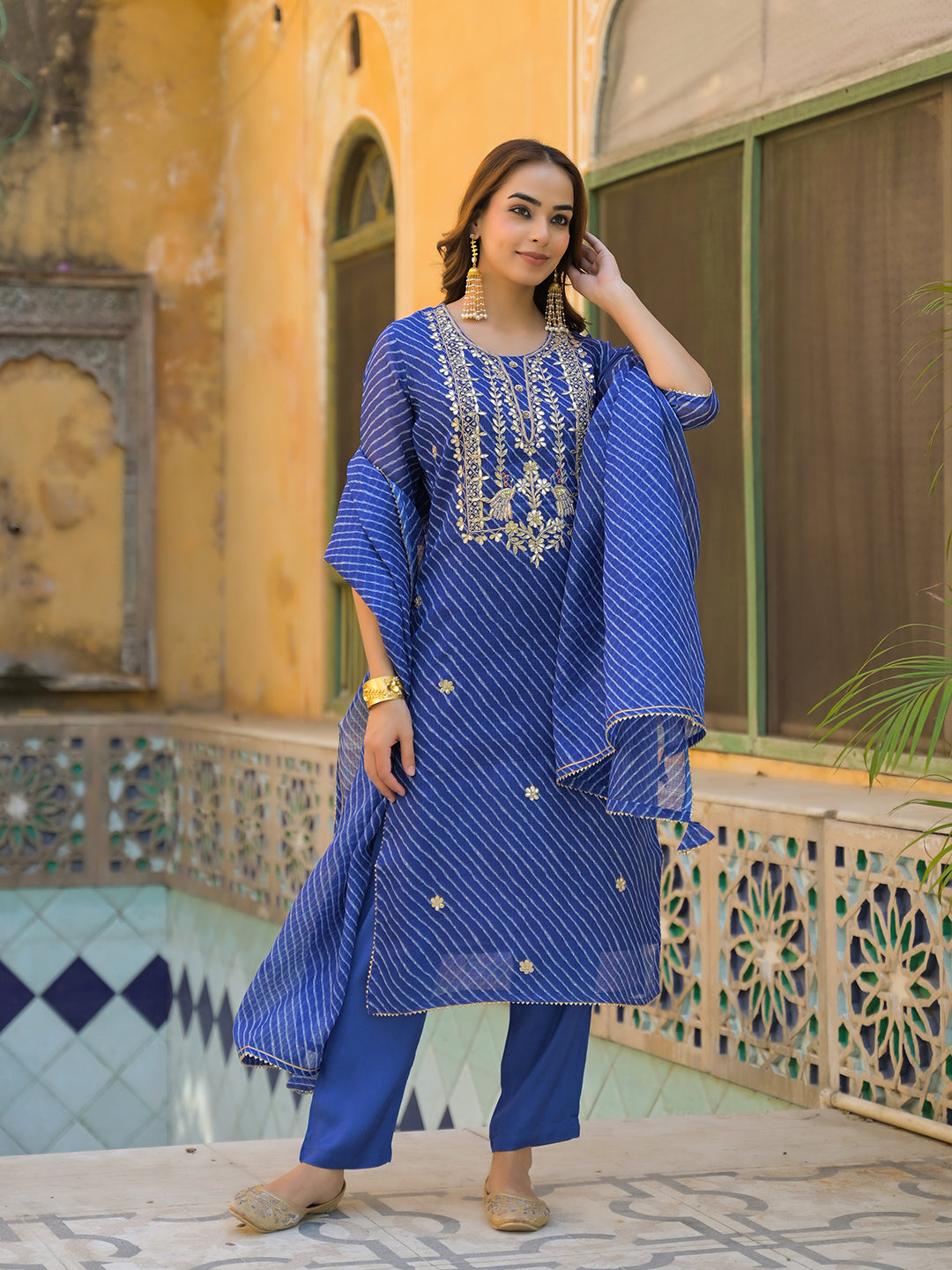 Noe Velarro Blue Leheriya Kota Doria Kurta Pant With Dupatta