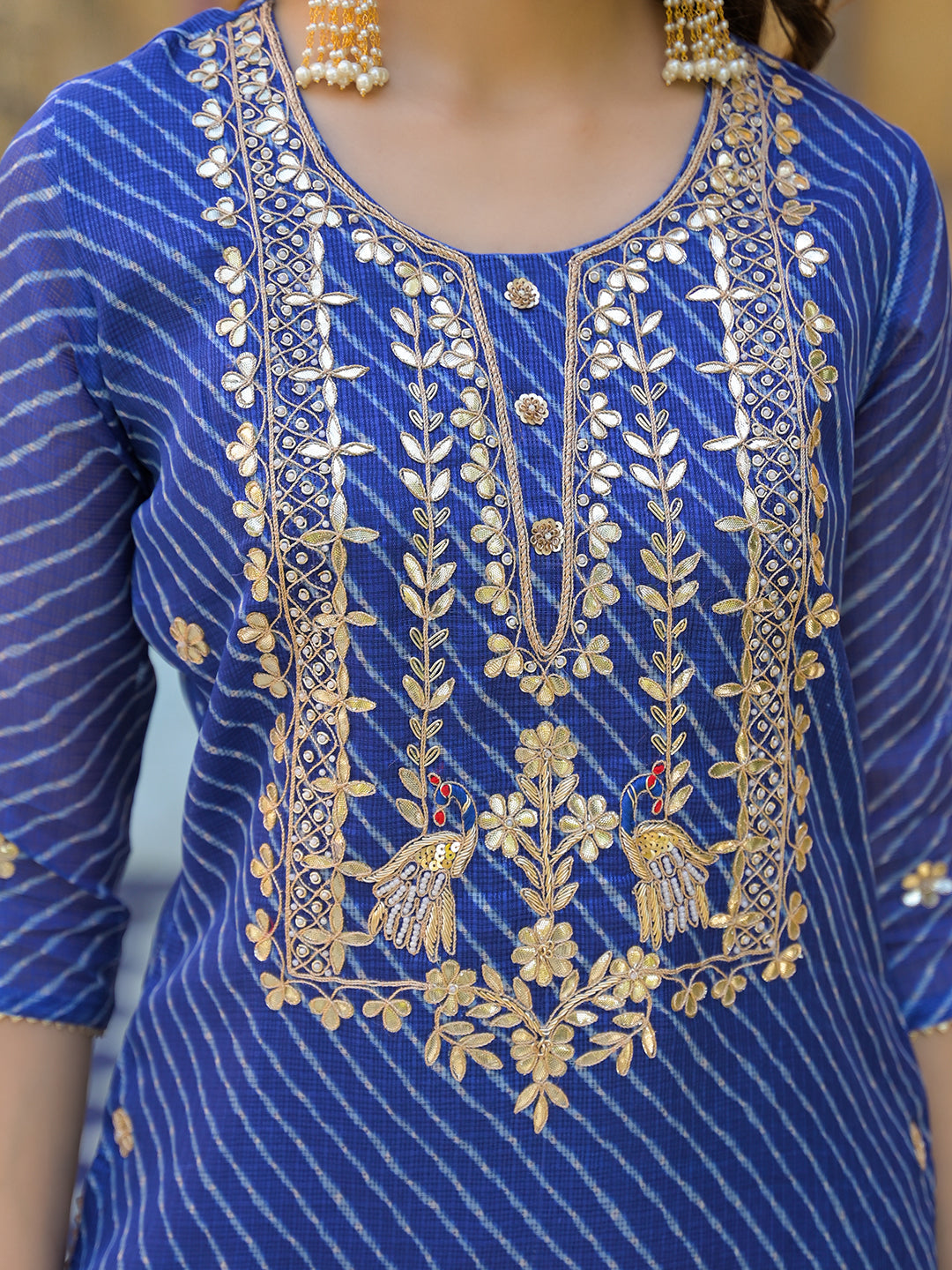 Noe Velarro Blue Leheriya Kota Doria Kurta Pant With Dupatta