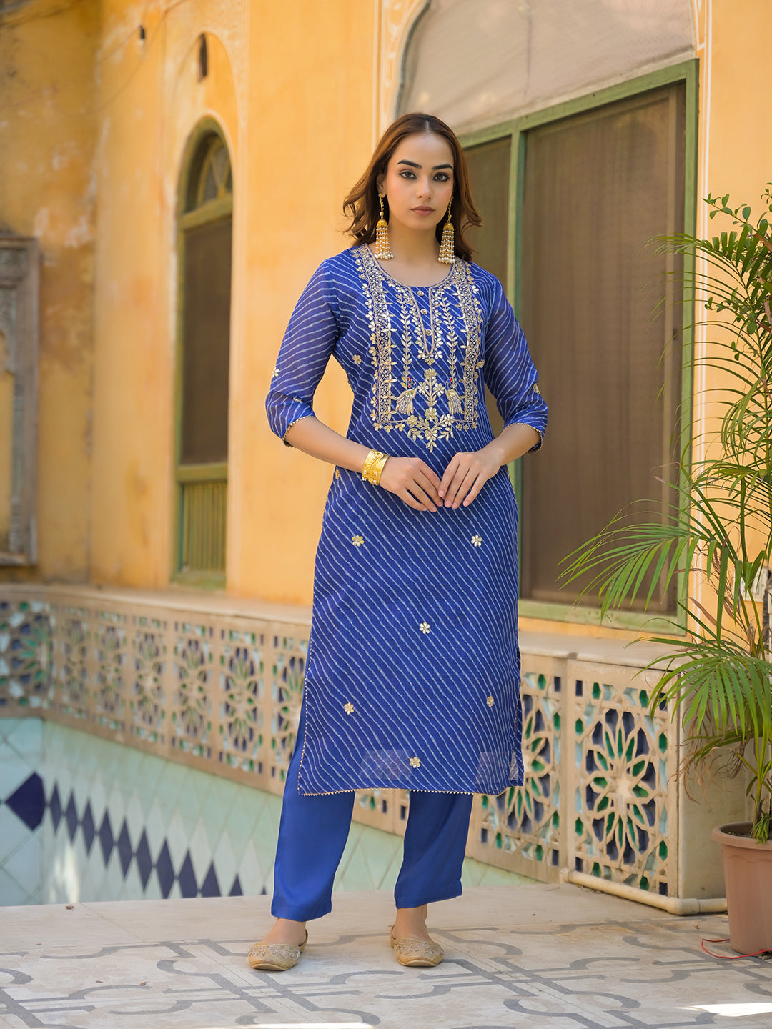 Noe Velarro Blue Leheriya Kota Doria Kurta Pant With Dupatta