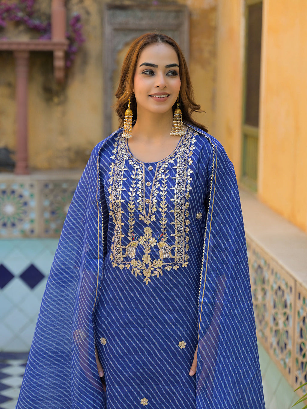 Noe Velarro Blue Leheriya Kota Doria Kurta Pant With Dupatta