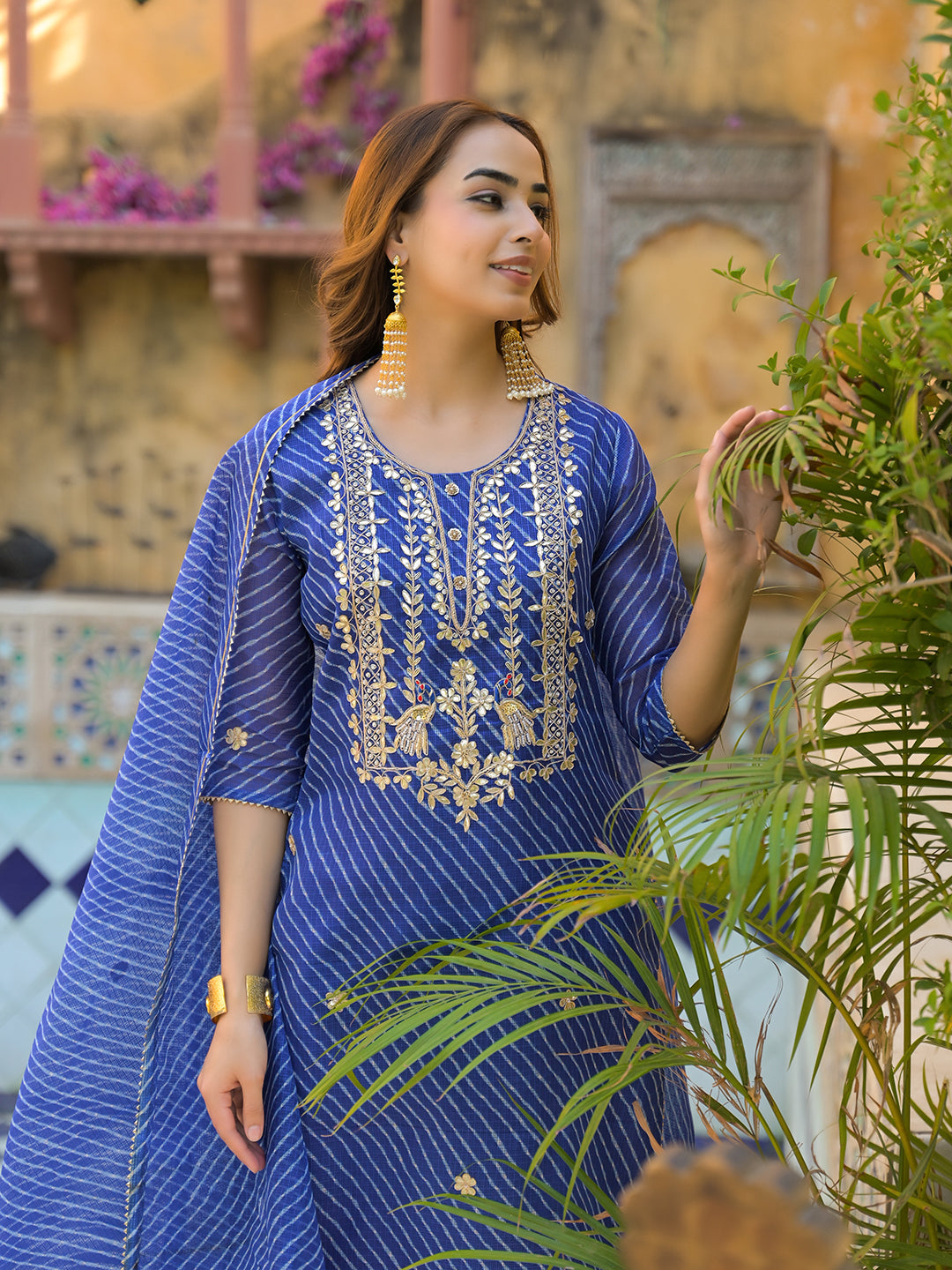 Noe Velarro Blue Leheriya Kota Doria Kurta Pant With Dupatta