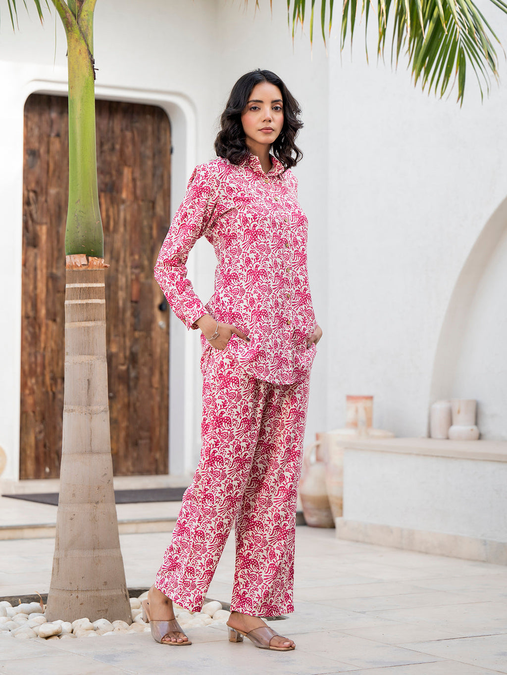 Noe Velarro Red Floral Printed Rayon Co-ord Set