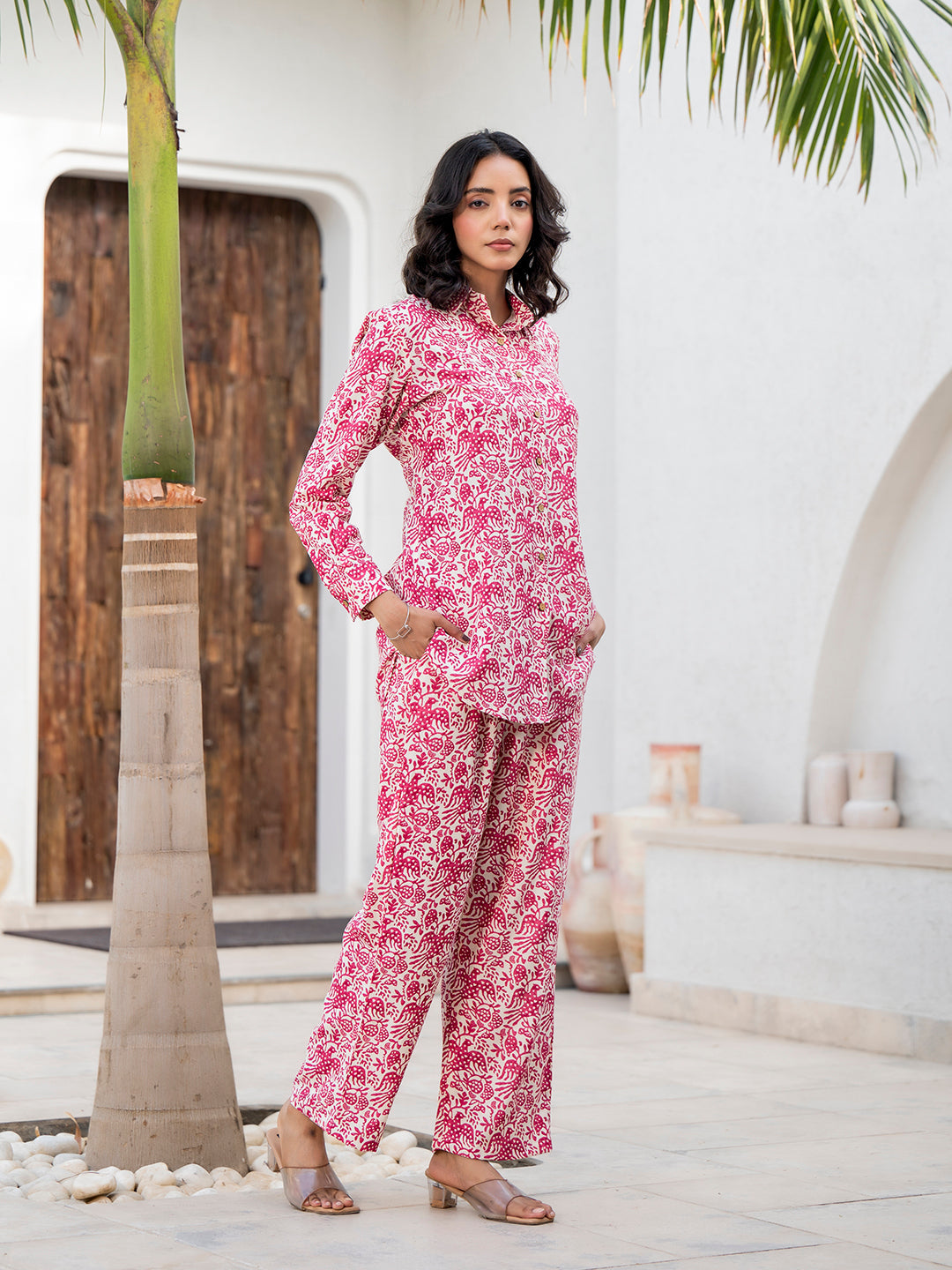 Noe Velarro Red Floral Printed Rayon Co-ord Set