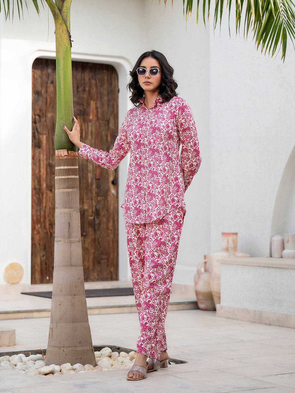 Noe Velarro Red Floral Printed Rayon Co-ord Set