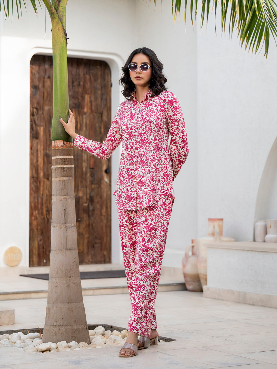 Noe Velarro Red Floral Printed Rayon Co-ord Set